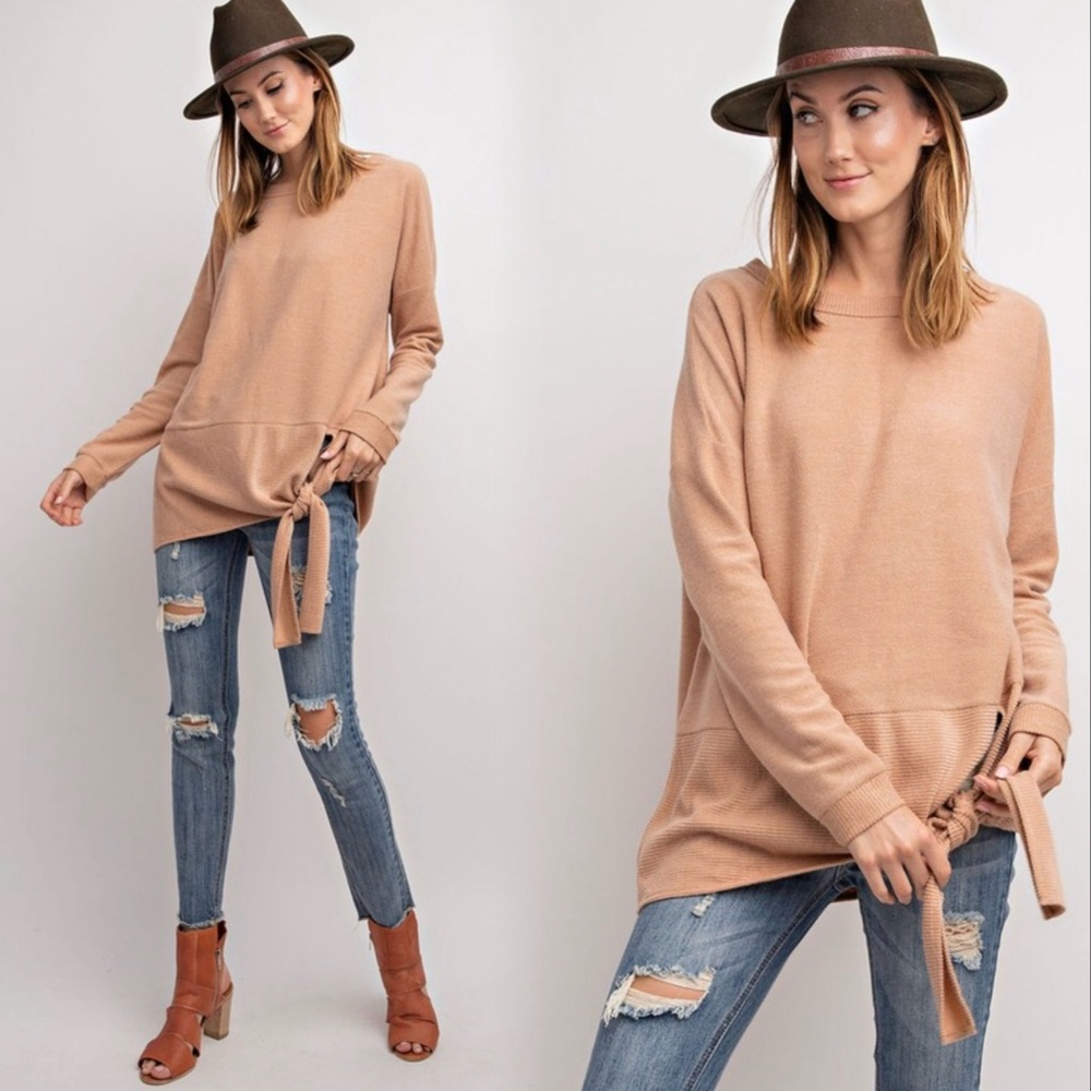 EASEL Tan Oversized Sweater with Tie Detail